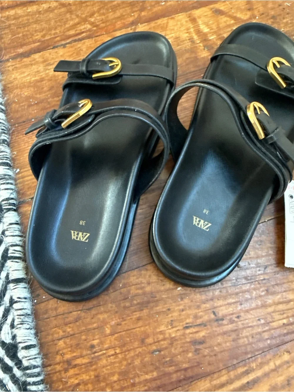 Zara Brand New Black Double Strap Slide Sandals with Gold Buckles - Picture 2 of 5